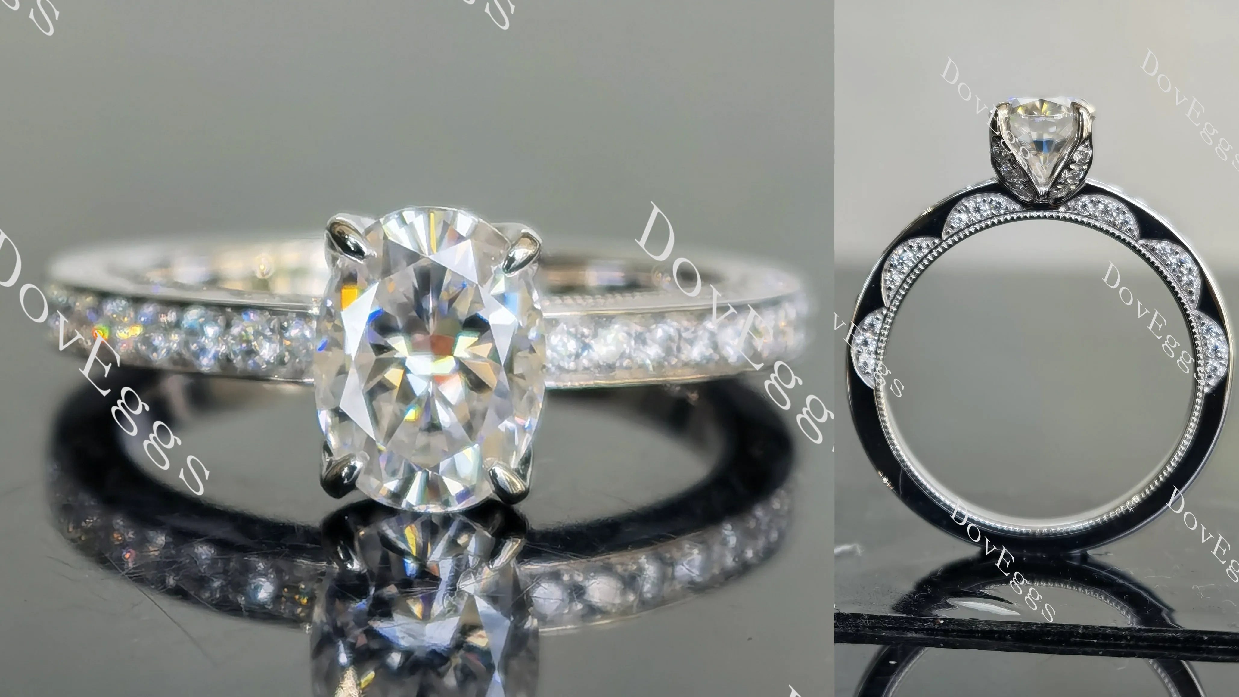 Oval pave vintage moissanite engagement ring| DovEggs