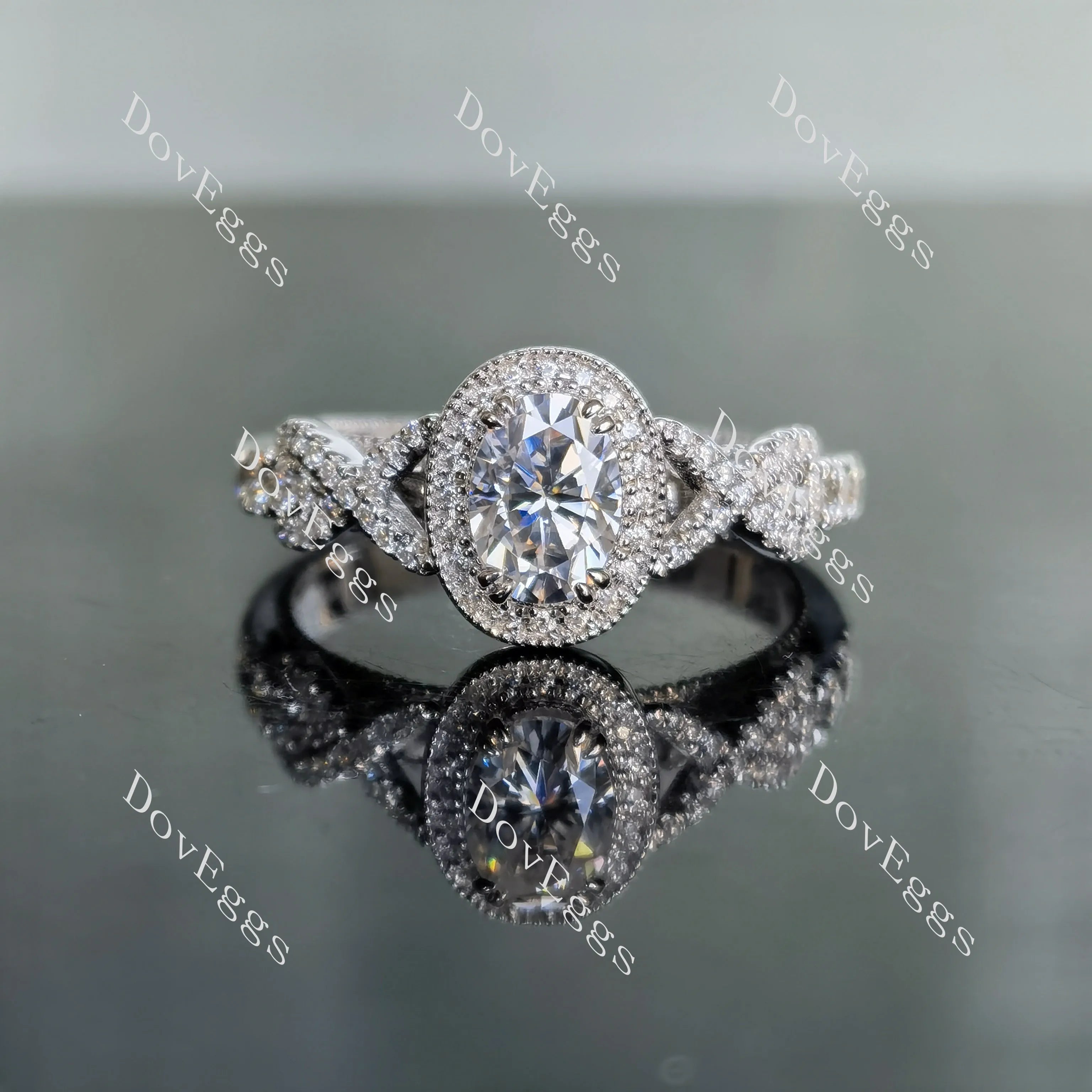 Oval art deco halo moissanite engagement ring| DovEggs