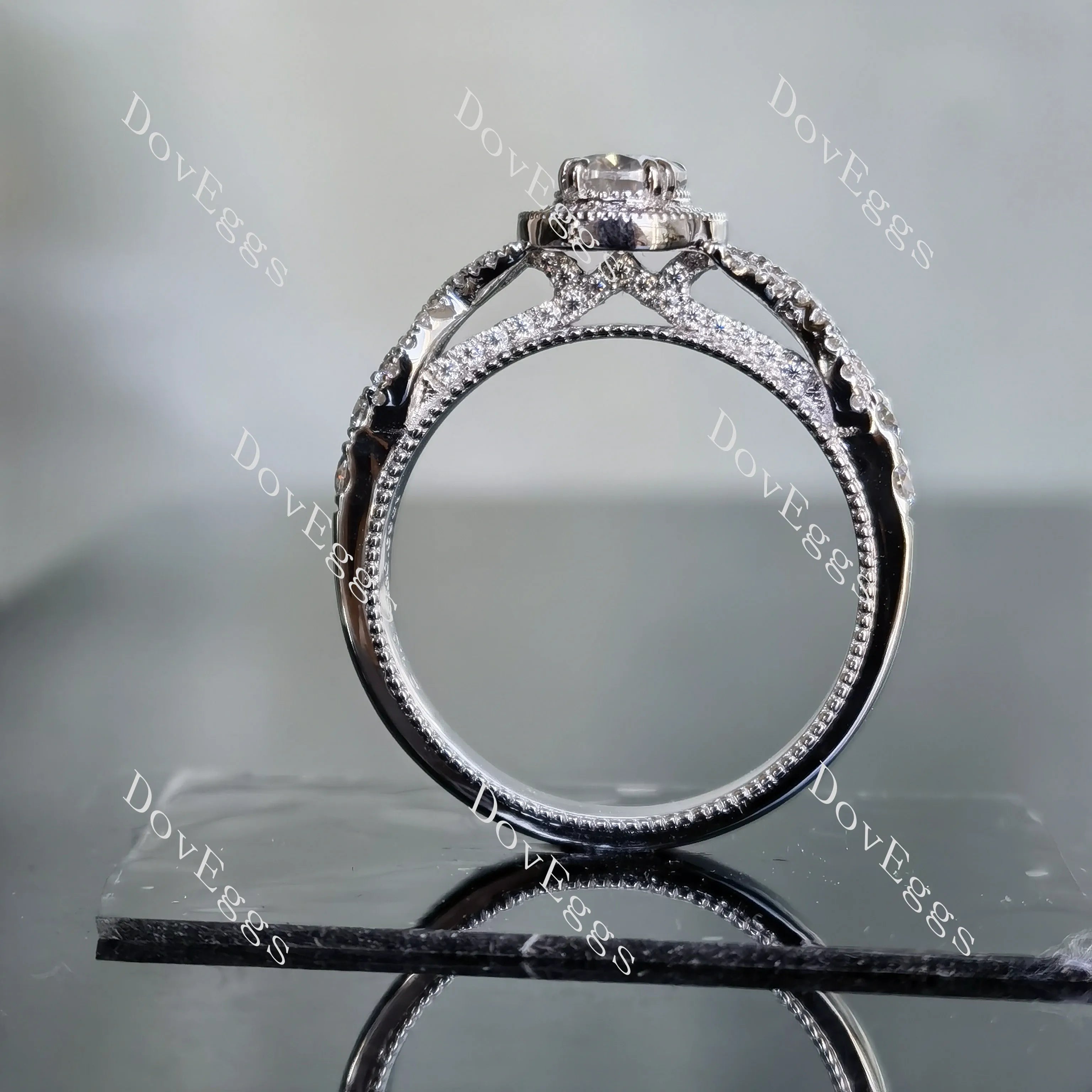 Oval art deco halo moissanite engagement ring| DovEggs