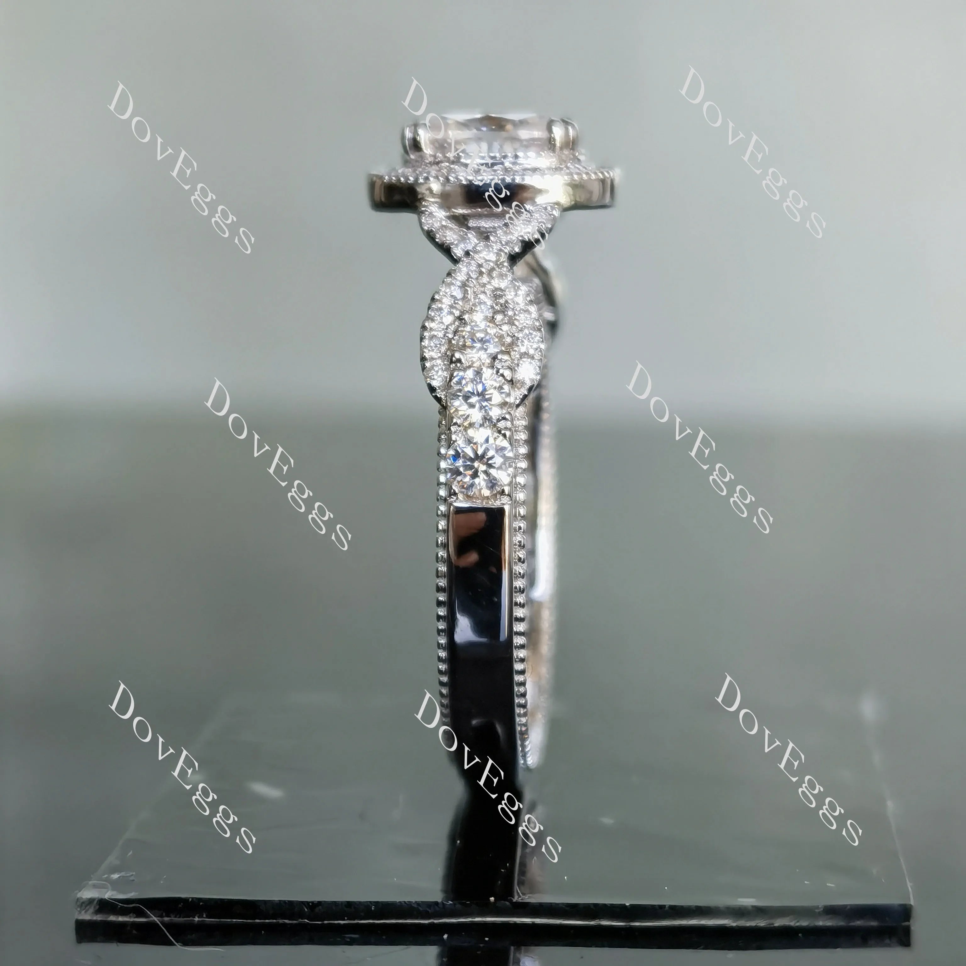 Oval art deco halo moissanite engagement ring| DovEggs