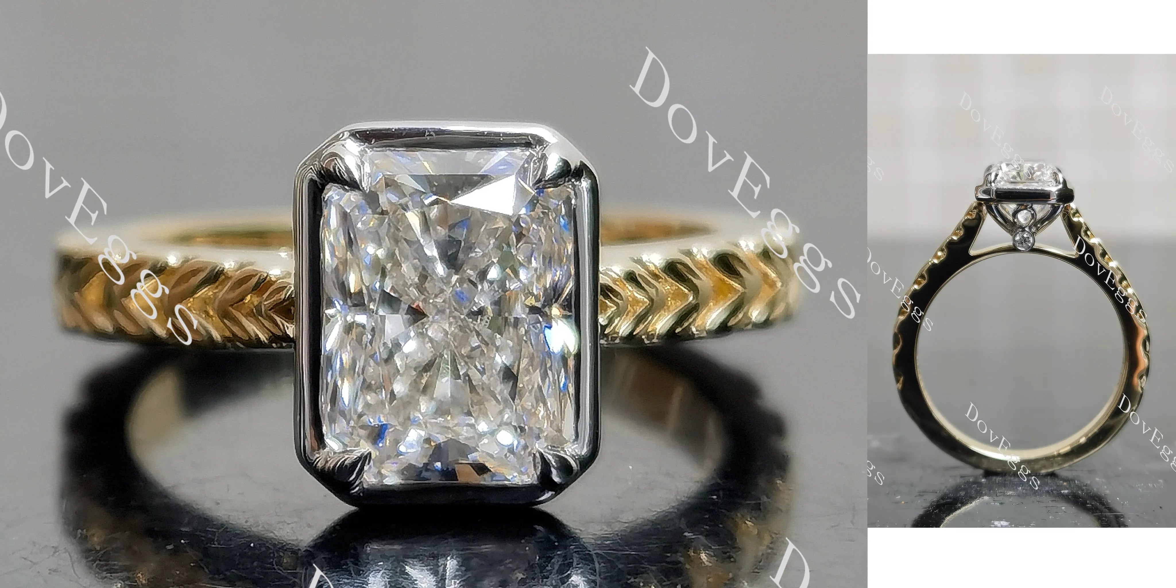 Radiant bezel carved moissanite engagement ring| DovEggs