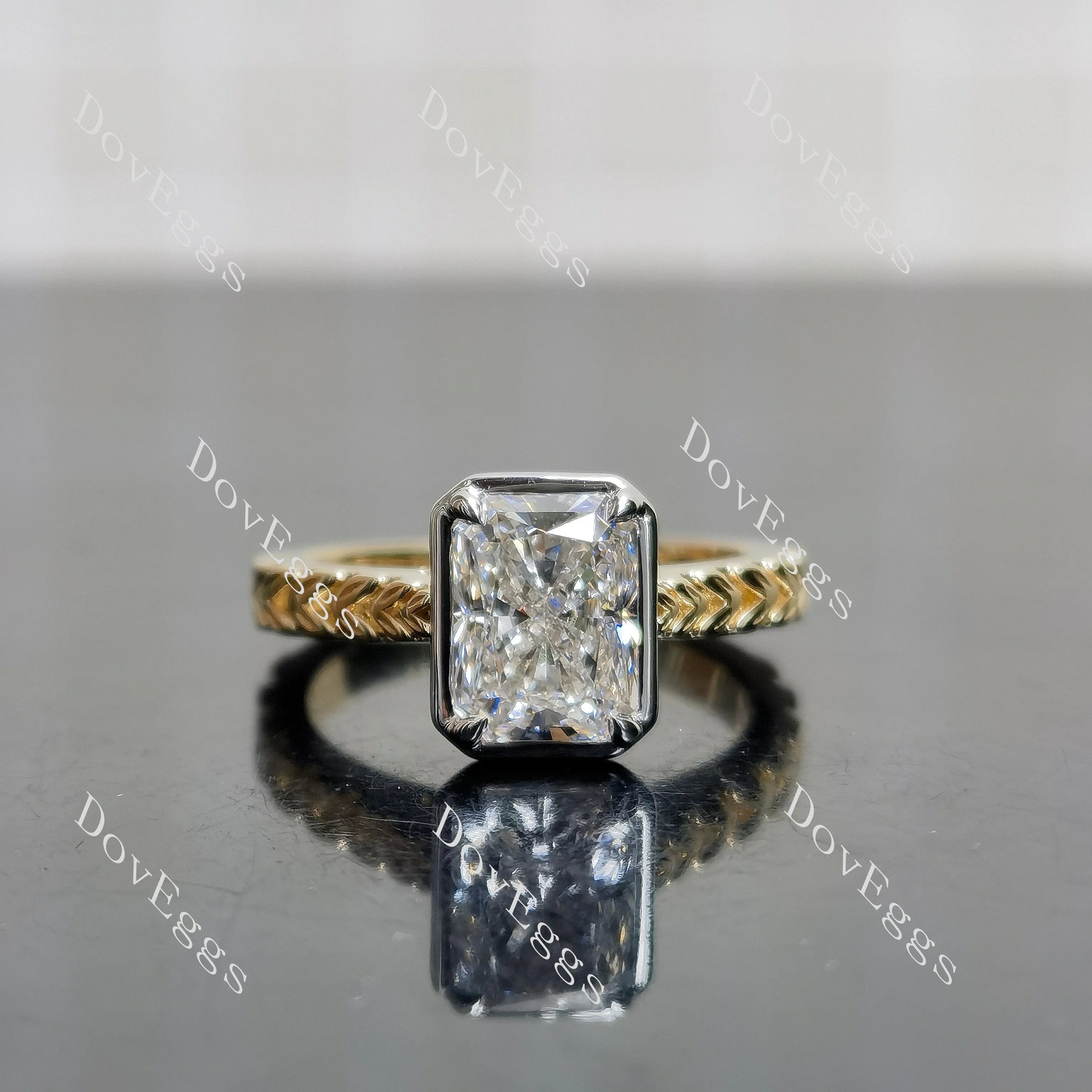 Radiant bezel carved moissanite engagement ring| DovEggs