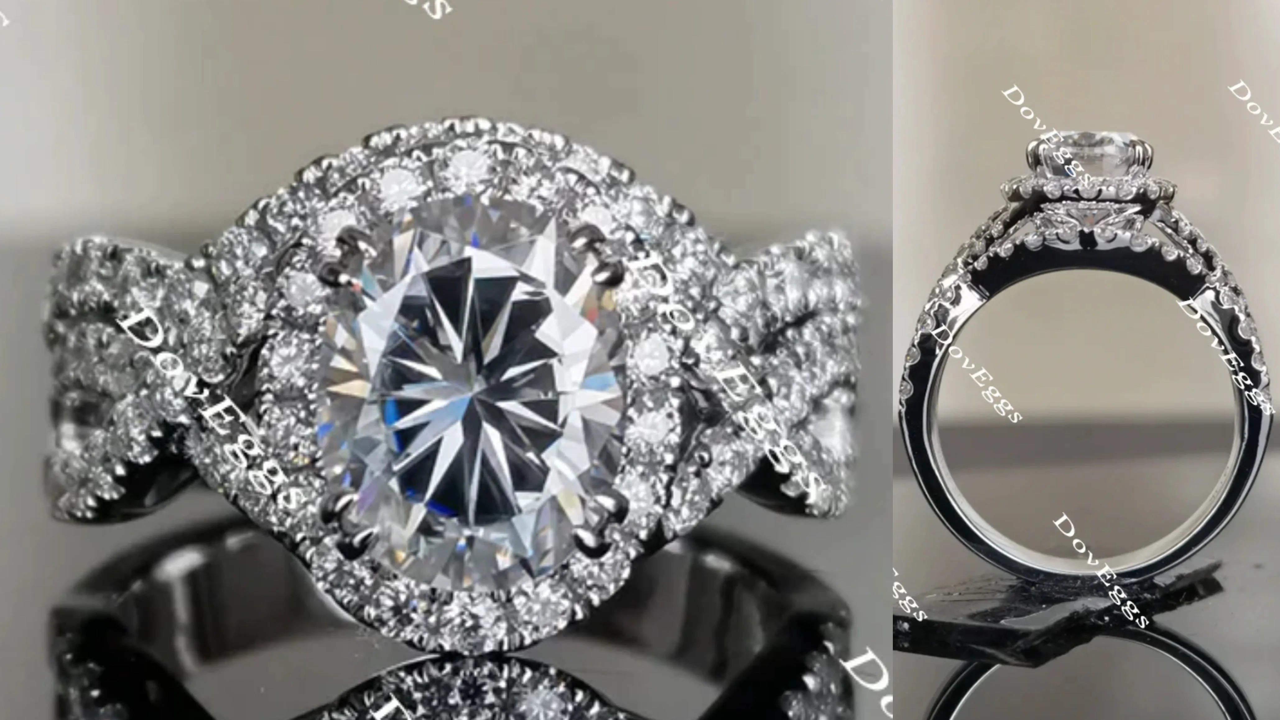Oval twisted band setting halo moissanite engagement ring| DovEggs