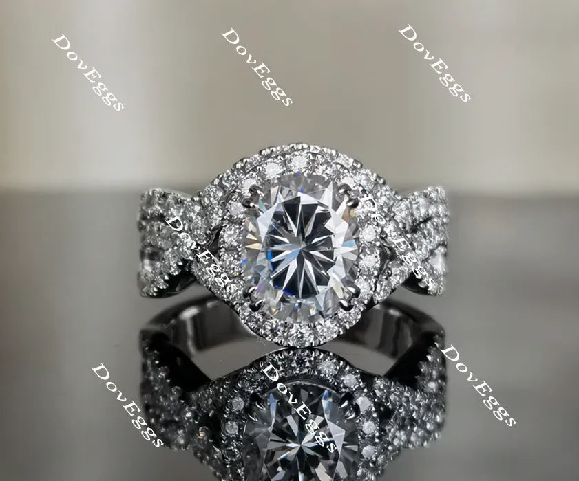 Oval twisted band setting halo moissanite engagement ring| DovEggs