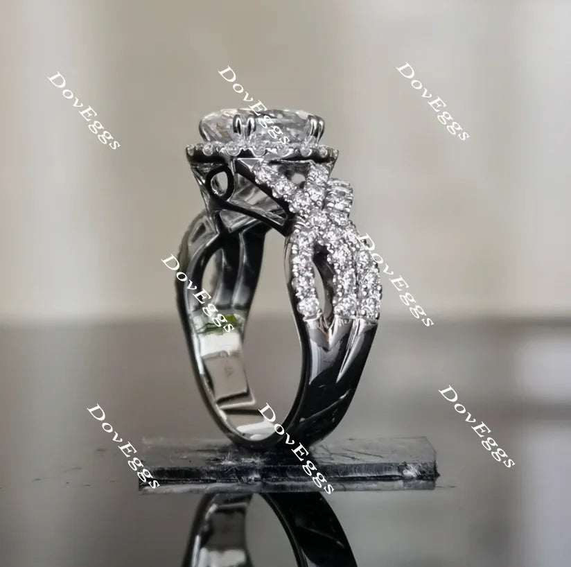 Oval twisted band setting halo moissanite engagement ring| DovEggs