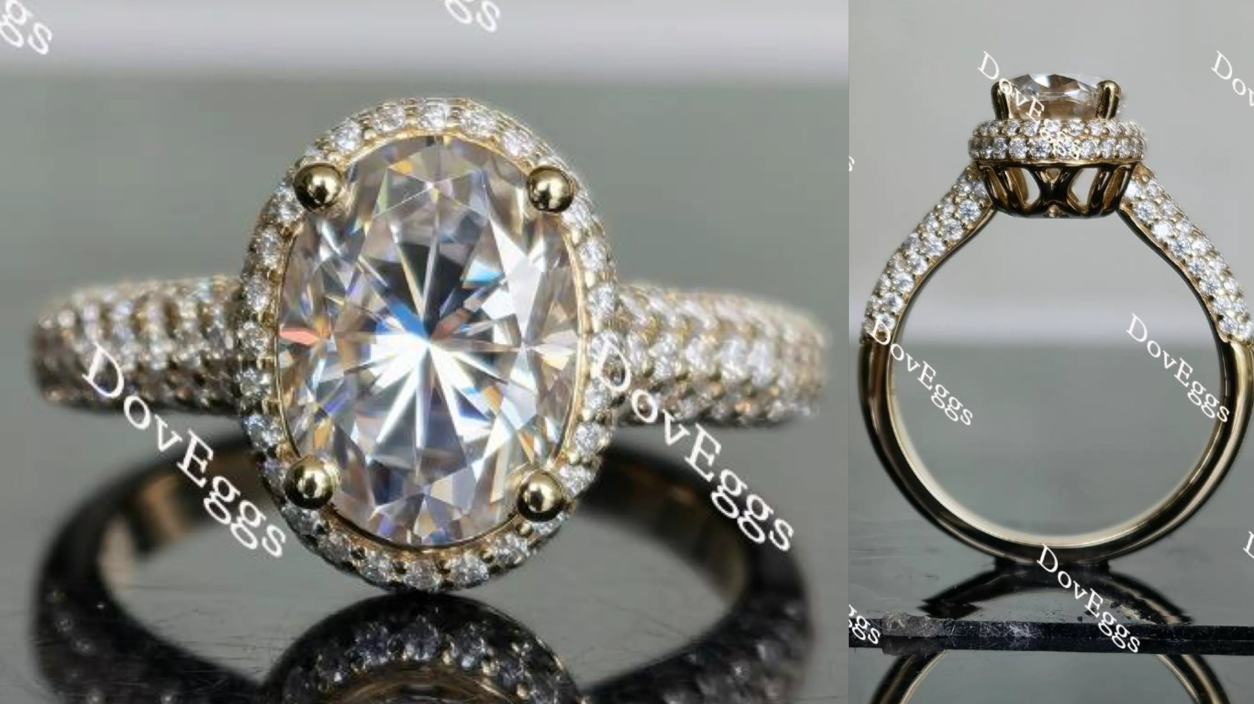 Oval pave halo moissanite engagement ring| DovEggs