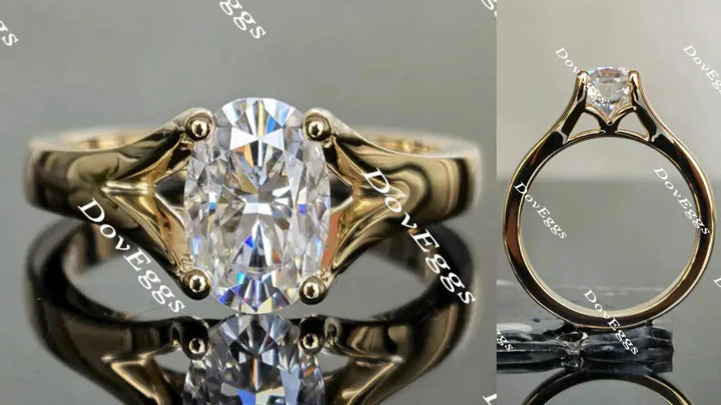 Oval solitaire split shank moissanite engagement ring| Doveggs