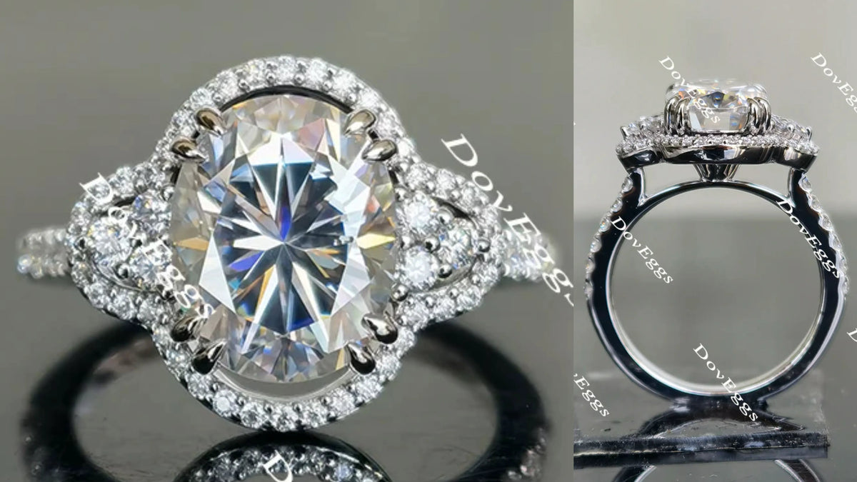 Oval floral art deco halo moissanite engagement ring| DovEggs