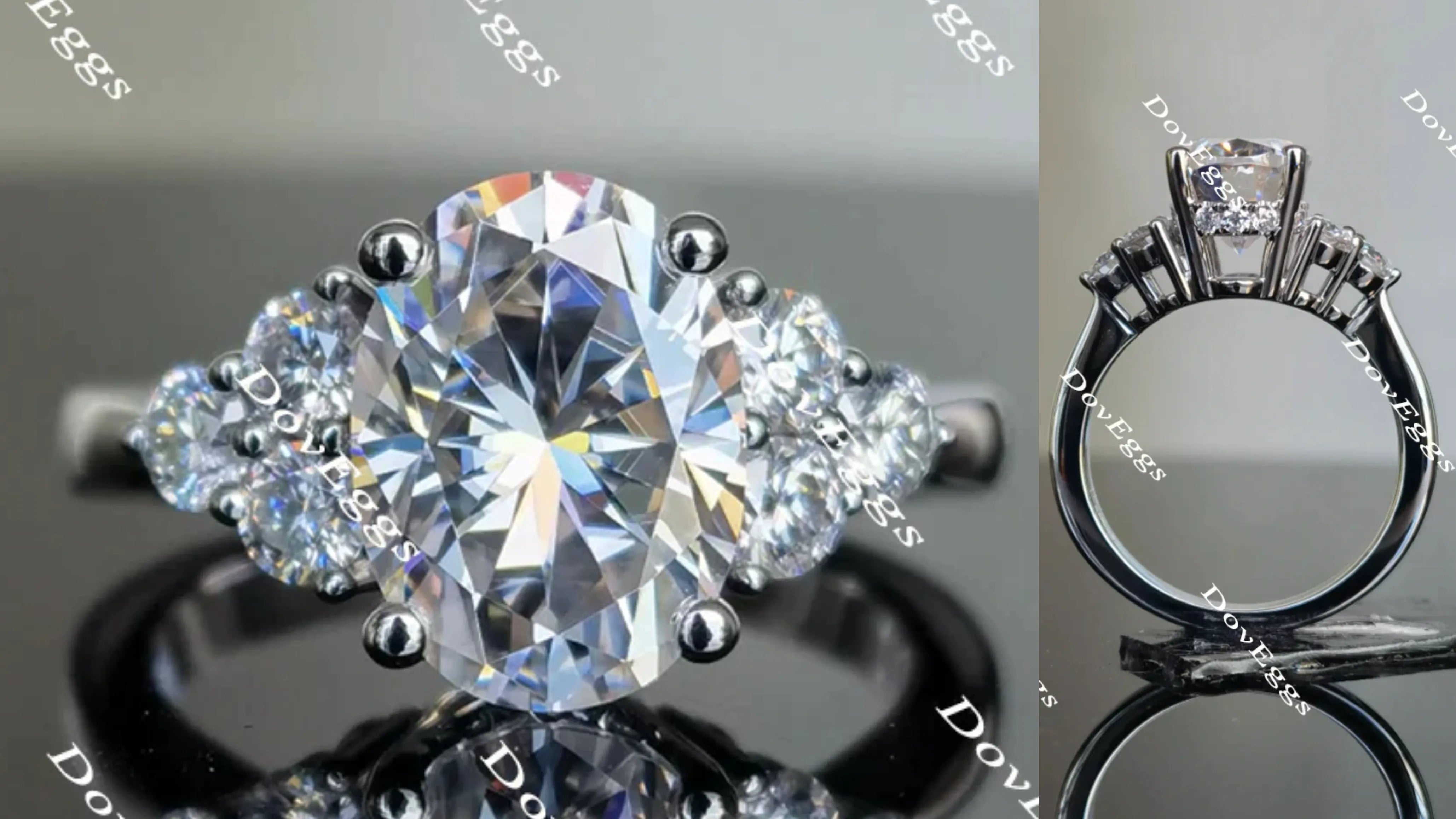 Teia Lily-Oval side stone moissanite engagement ring| DovEggs