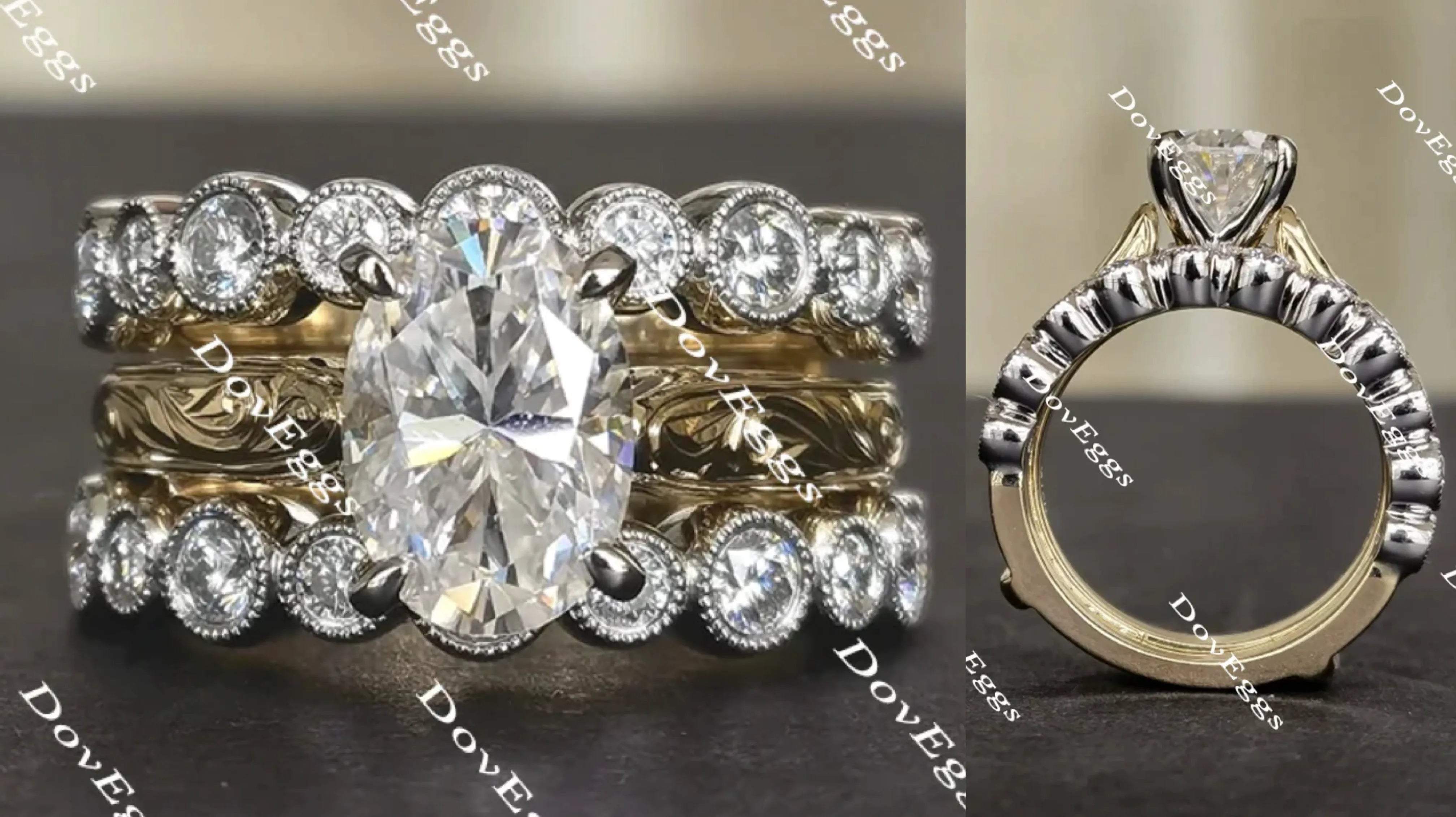 Oval art deco carved moissanite bridal set (2 rings)| DovEggs
