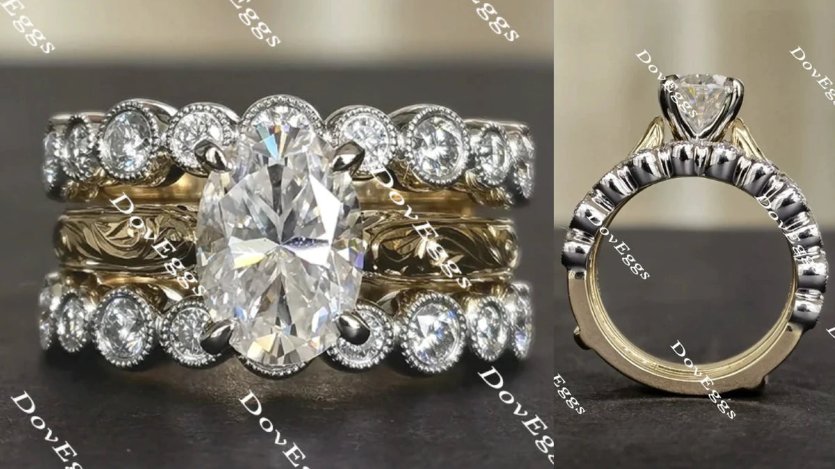 Oval art deco carved moissanite bridal set (2 rings)| DovEggs