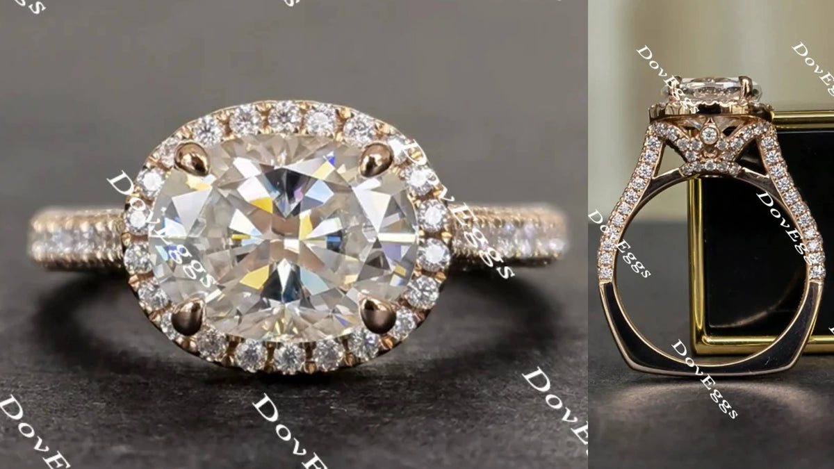 Oval art deco halo pave moissanite engagement ring| DovEggs