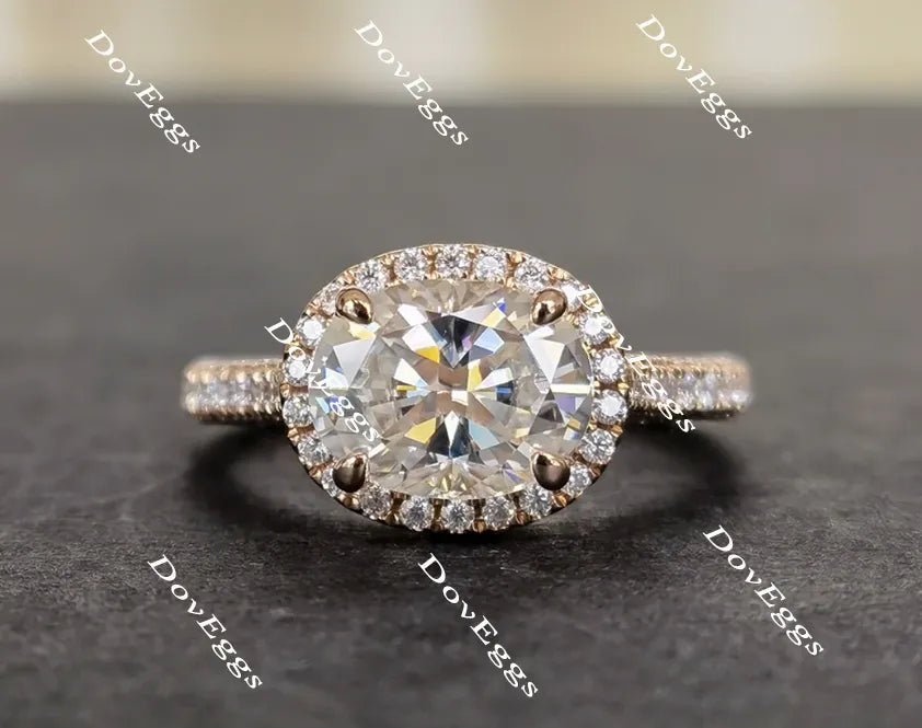 Oval art deco halo pave moissanite engagement ring| DovEggs