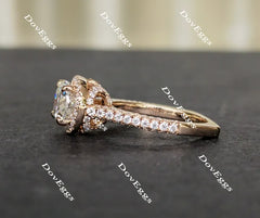 Oval art deco halo pave moissanite engagement ring| DovEggs