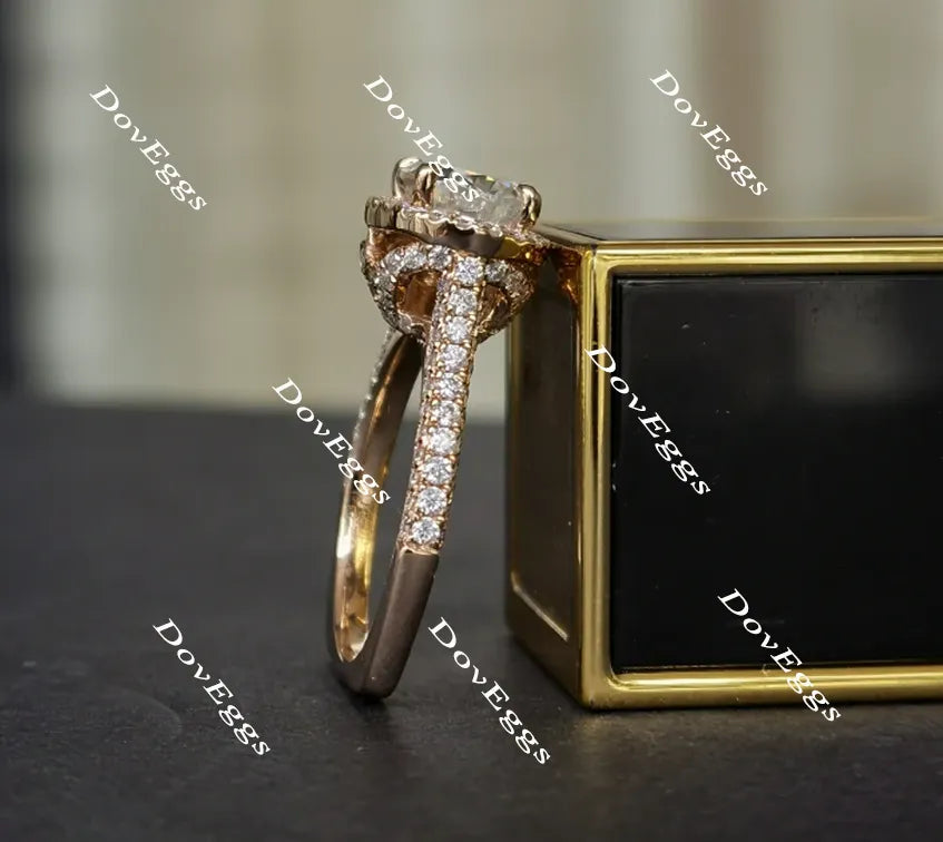 Oval art deco halo pave moissanite engagement ring| DovEggs