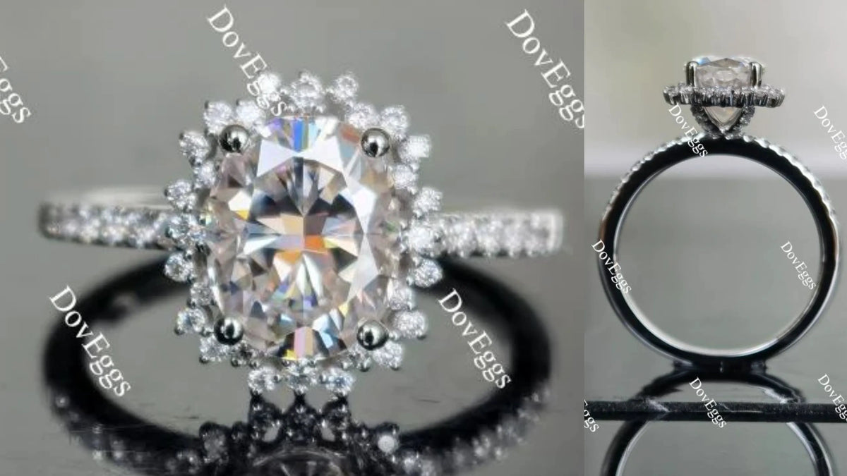 Oval flower shape half eternity pave moissanite engagement ring| DovEggs