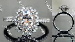Oval flower shape half eternity pave moissanite engagement ring| DovEggs