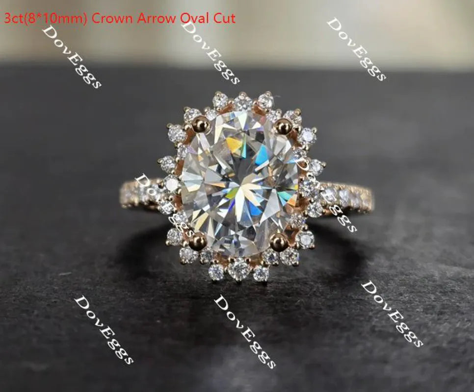 Oval flower shape half eternity pave moissanite engagement ring| DovEggs
