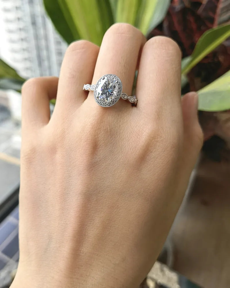 Oval art deco halo moissanite engagement ring| Doveggs