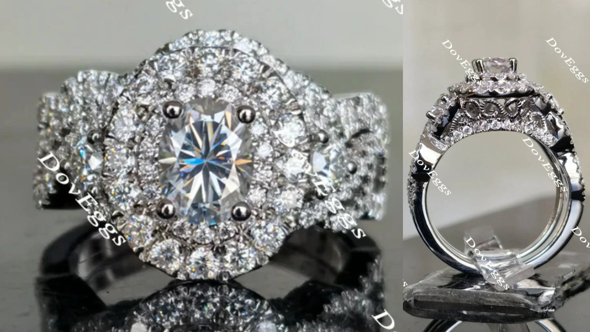 Oval halo pave moissanite bridal set(2 rings)| Doveggs