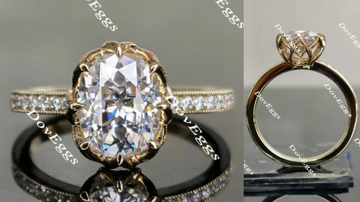 Oval half eternity pave moissanite engagement ring| Doveggs