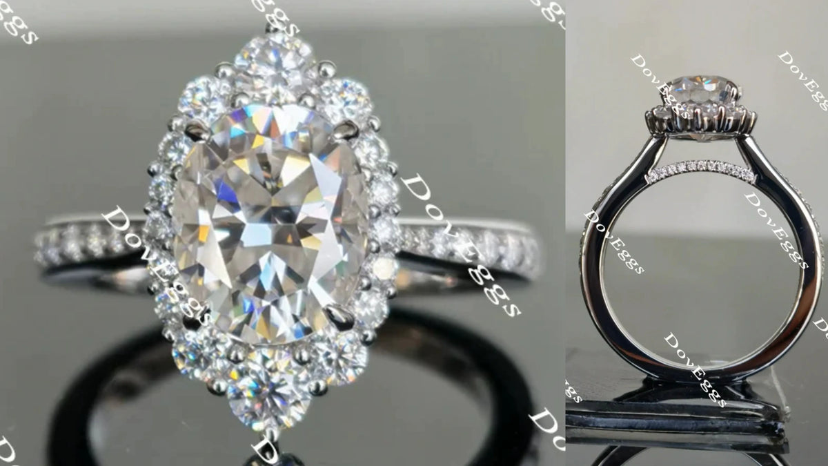 Oval half eternity pave halo moissanite engagement ring| Doveggs