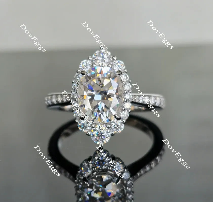 Oval half eternity pave halo moissanite engagement ring| Doveggs