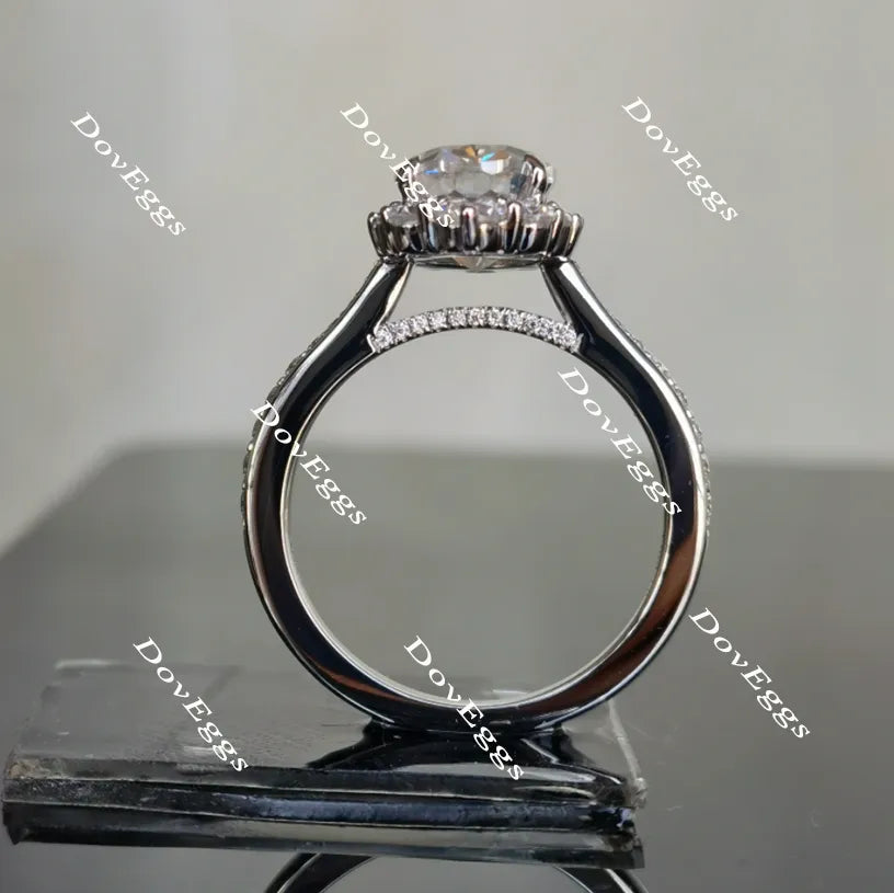 Oval half eternity pave halo moissanite engagement ring| Doveggs