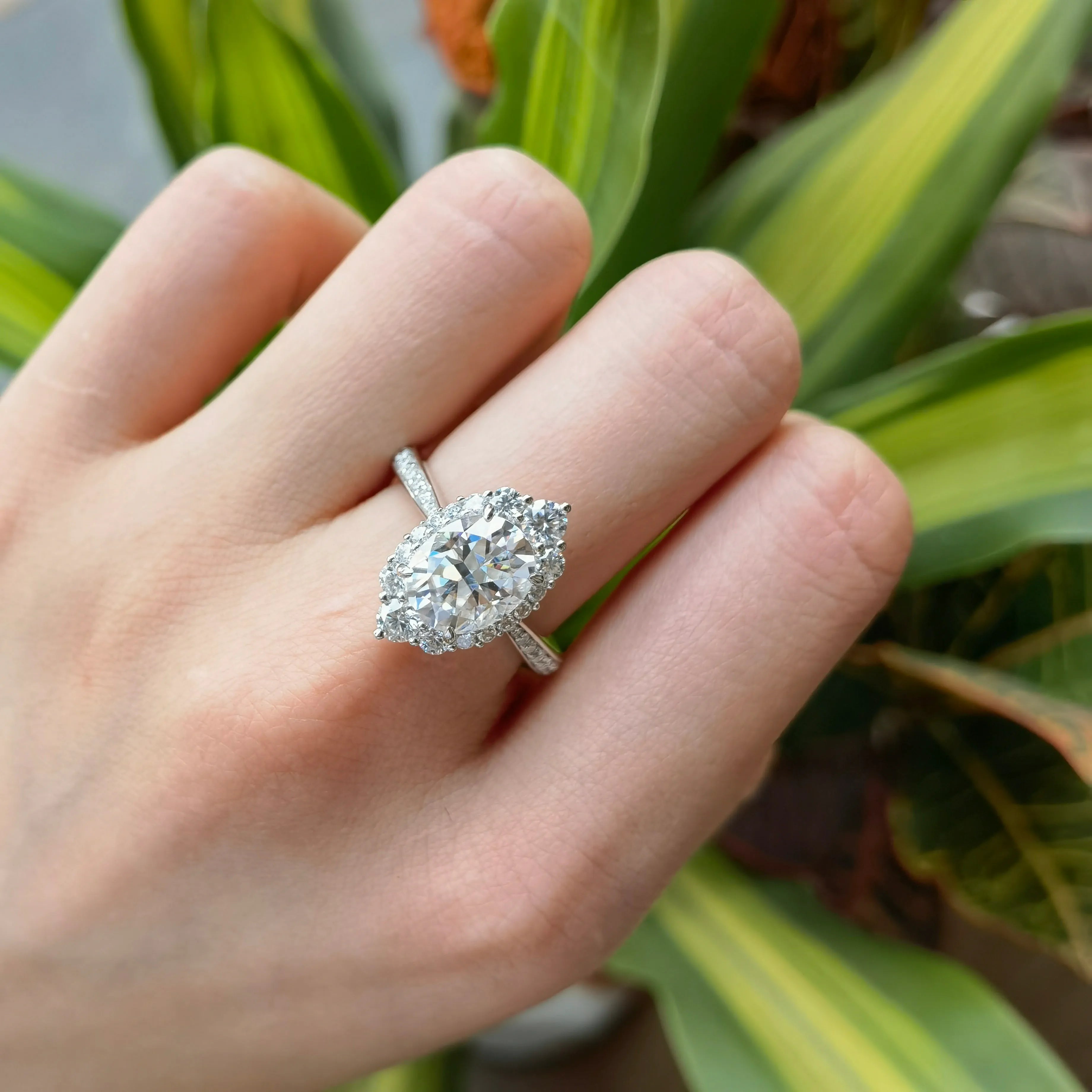 Oval half eternity pave halo moissanite engagement ring| Doveggs