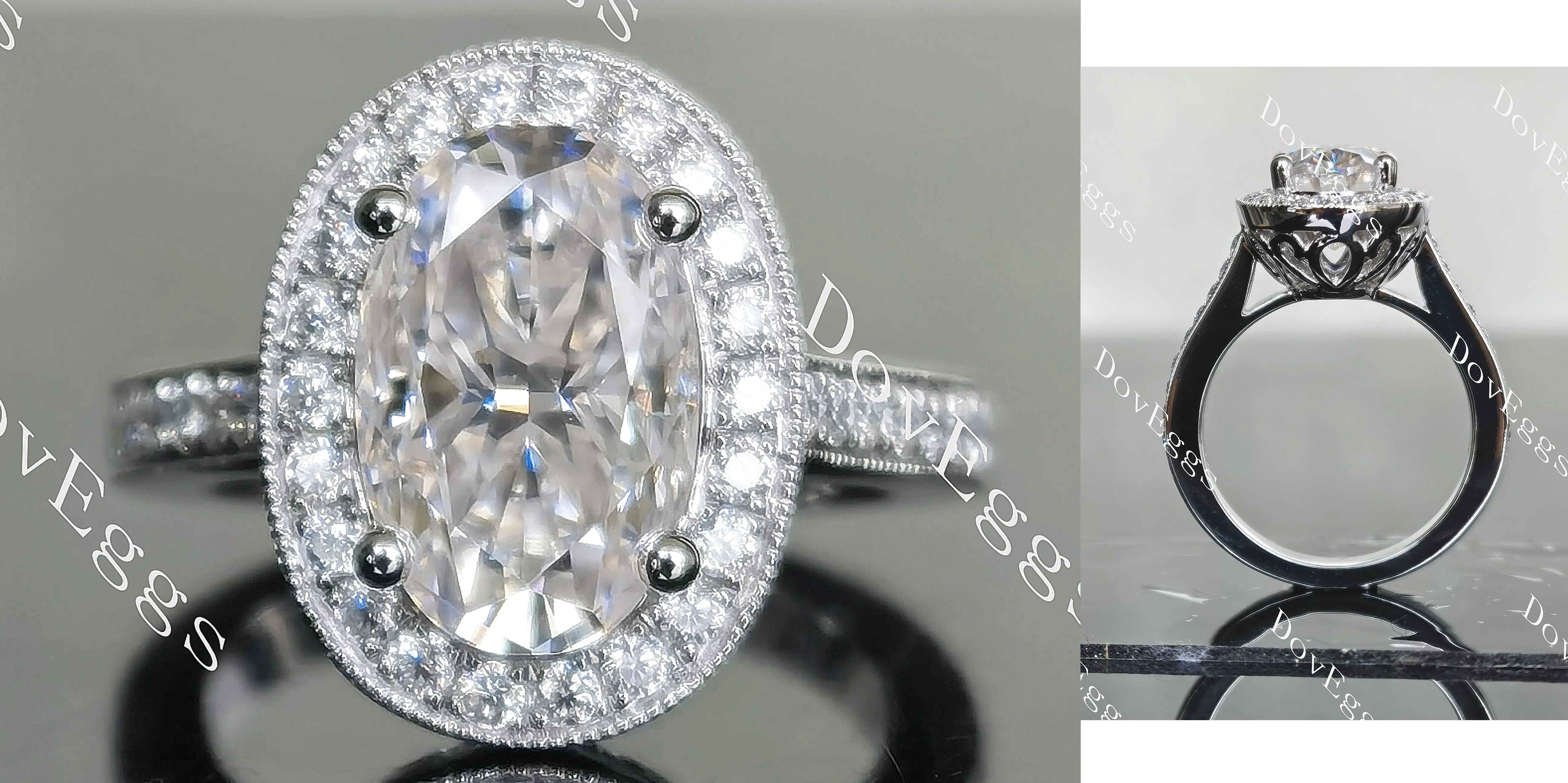 Oval half eternity pave halo moissanite engagement ring| Doveggs