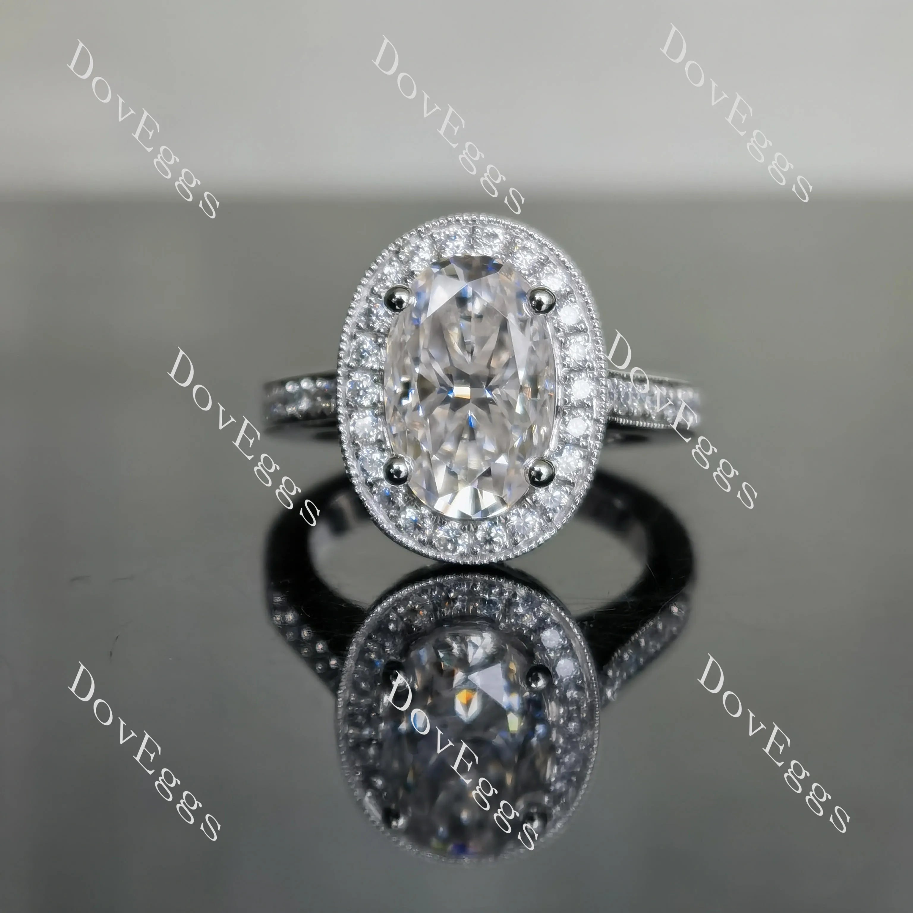 Oval half eternity pave halo moissanite engagement ring| Doveggs