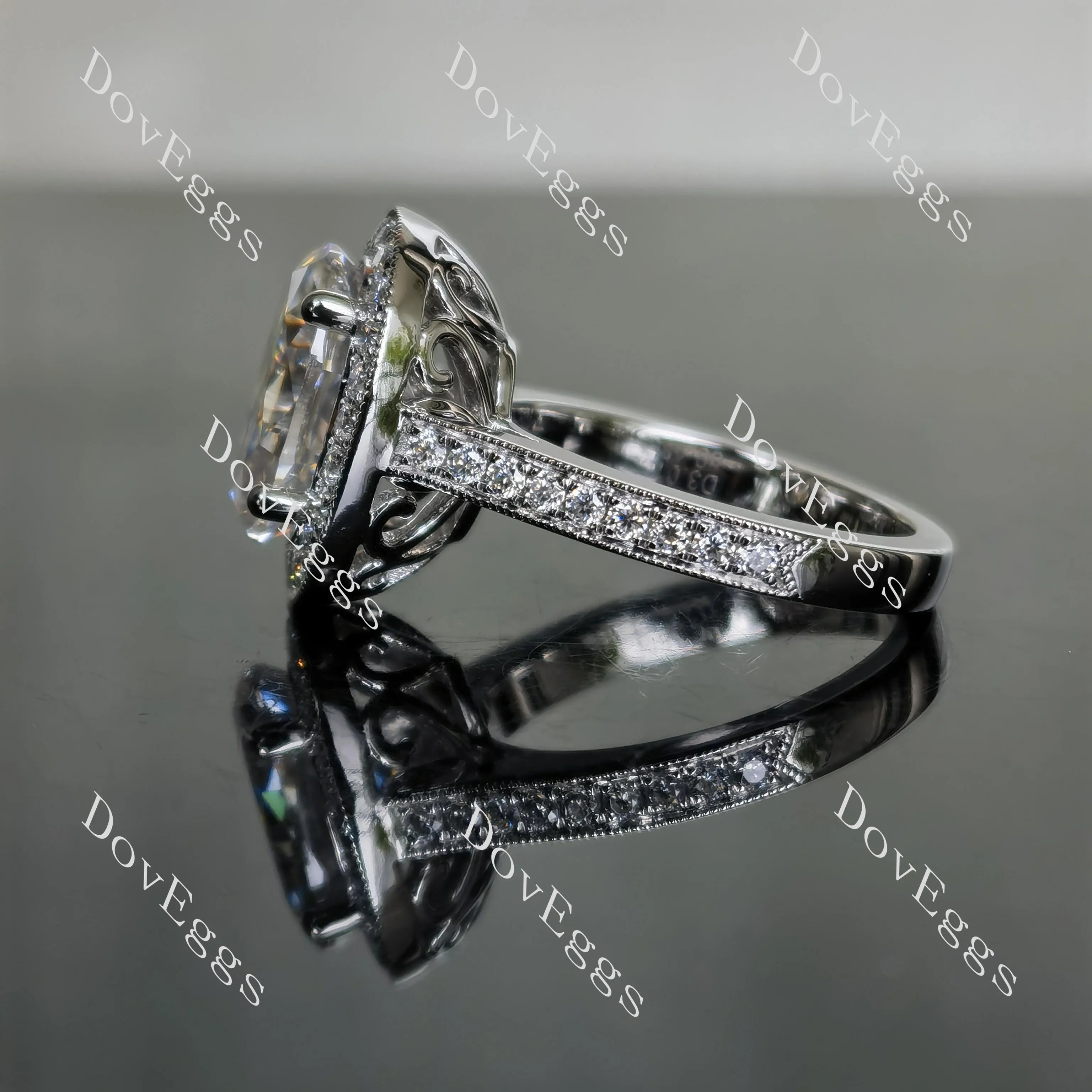 Oval half eternity pave halo moissanite engagement ring| Doveggs
