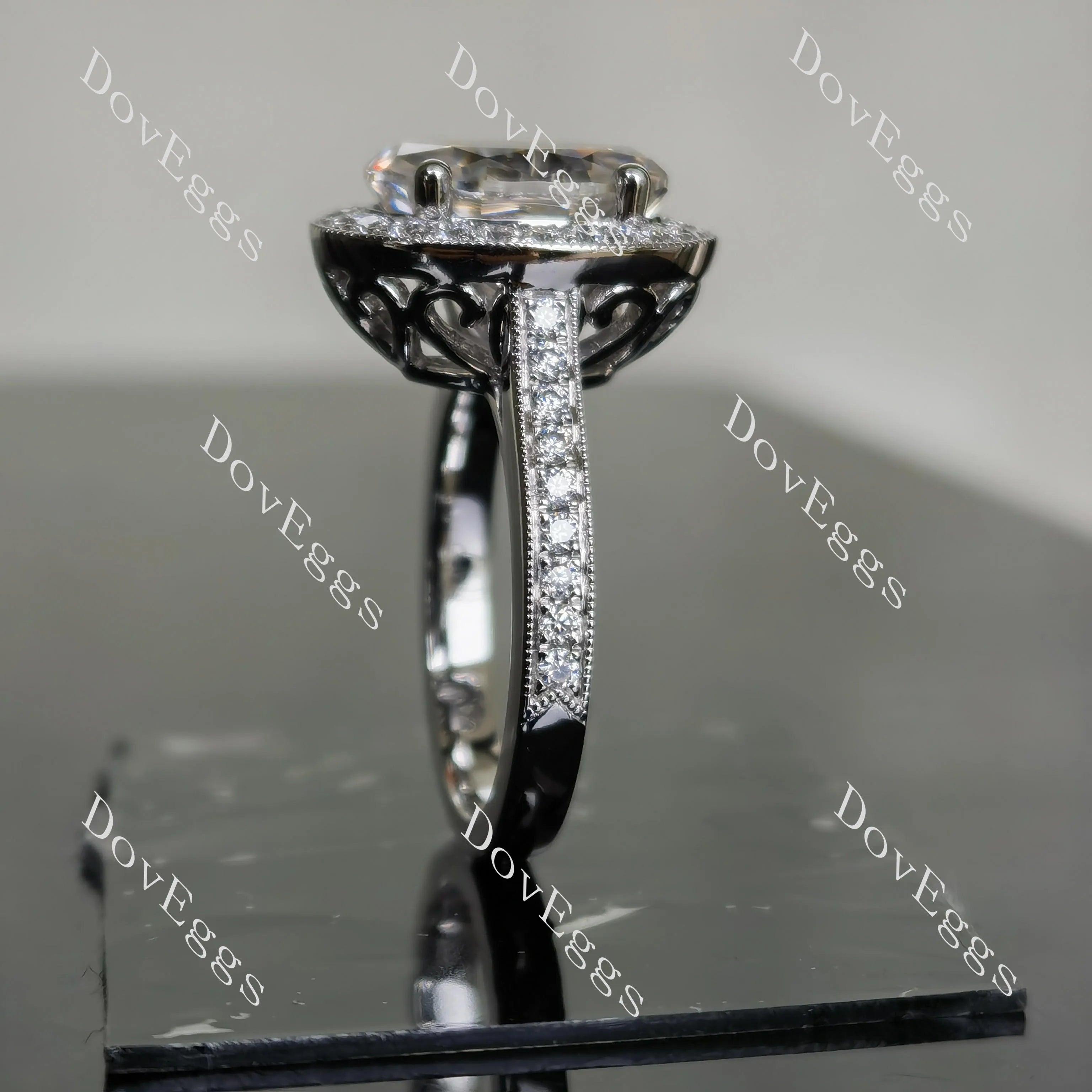 Oval half eternity pave halo moissanite engagement ring| Doveggs
