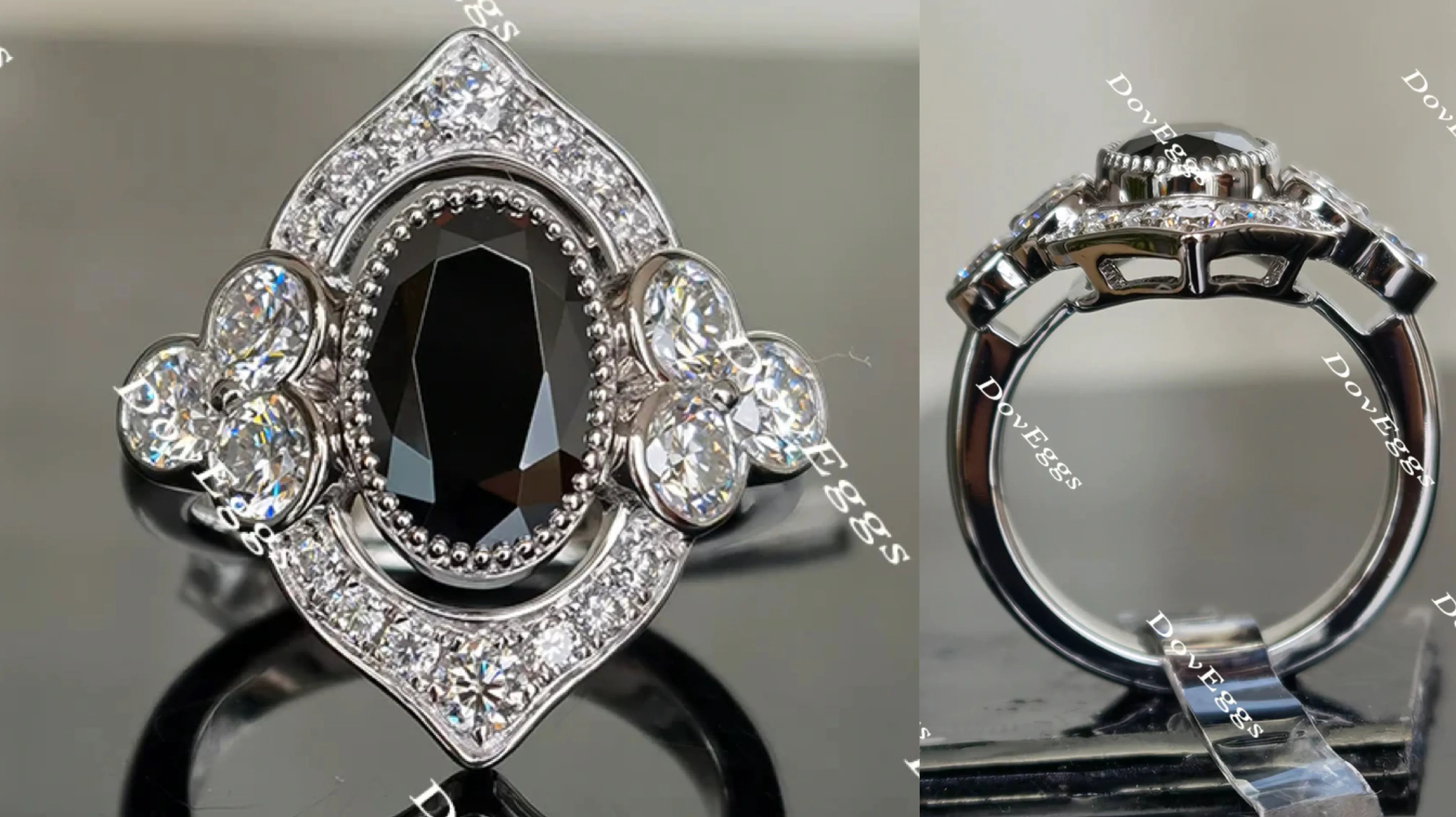 Oval flower shape halo moissanite engagement ring| Doveggs
