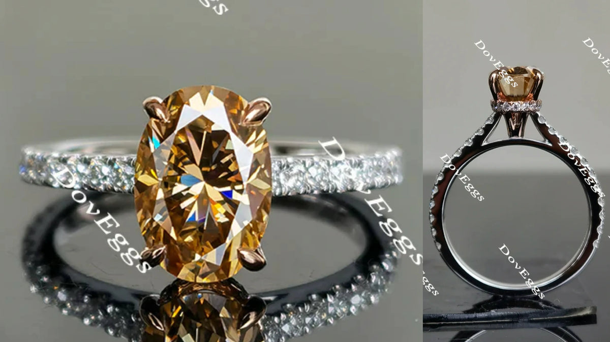 Oval champagne pave moissanite engagement ring| Doveggs