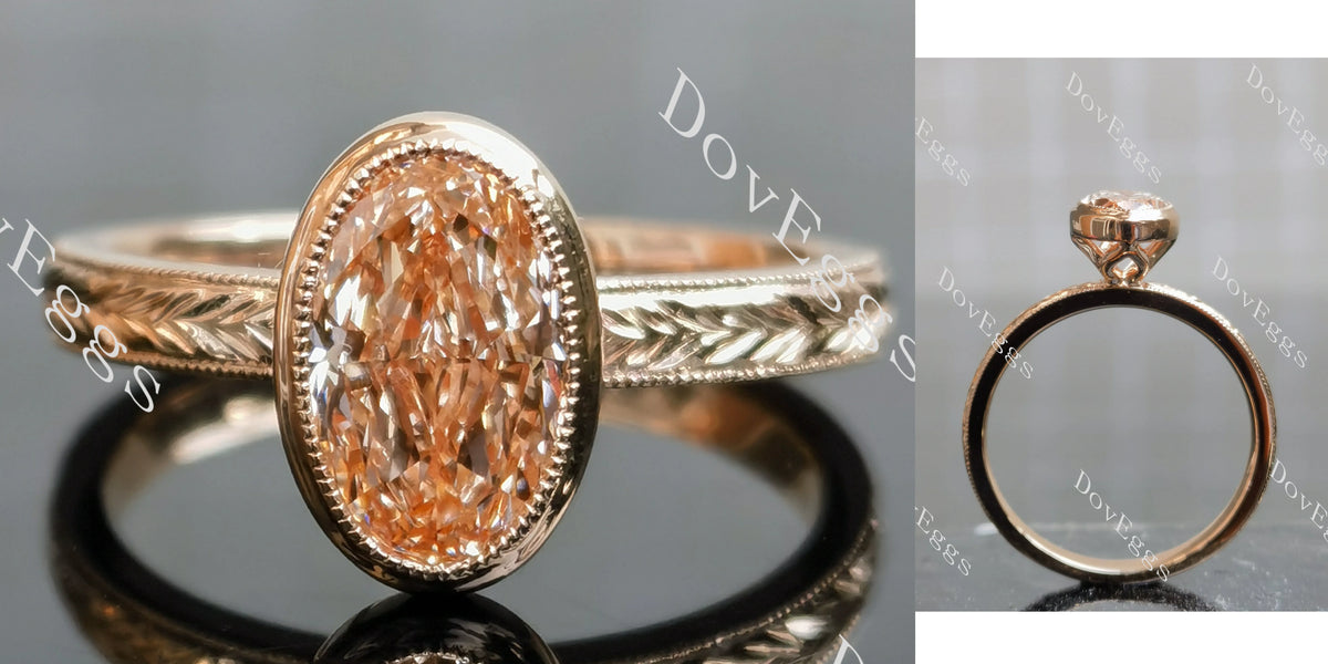 Oval carved bezel solitaire moissanite engagement ring| DovEggs