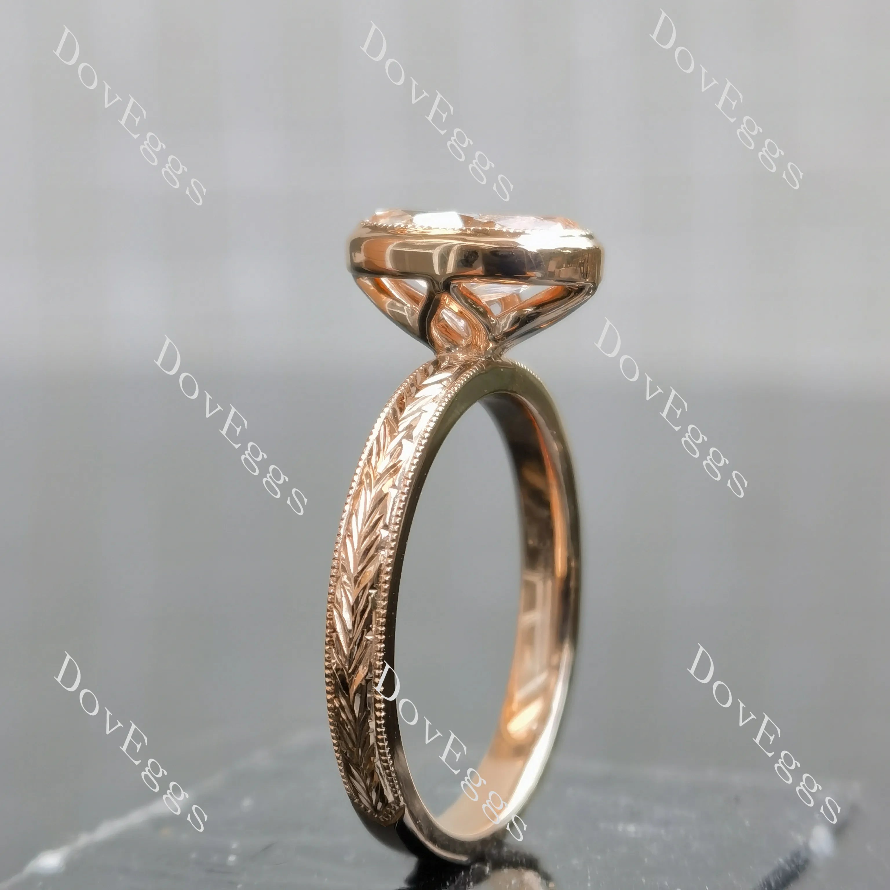 Oval carved bezel solitaire moissanite engagement ring| DovEggs