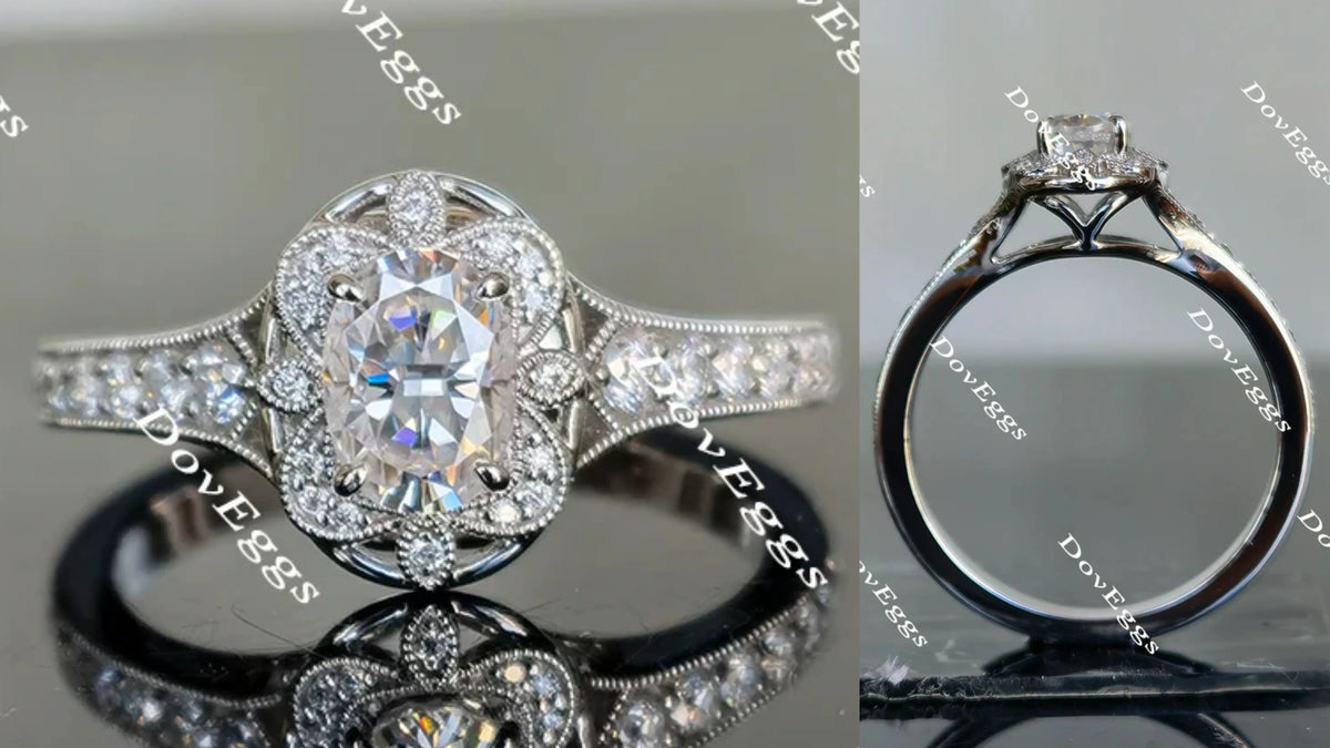 Oval floral half eternity pave moissanite engagement ring| Doveggs
