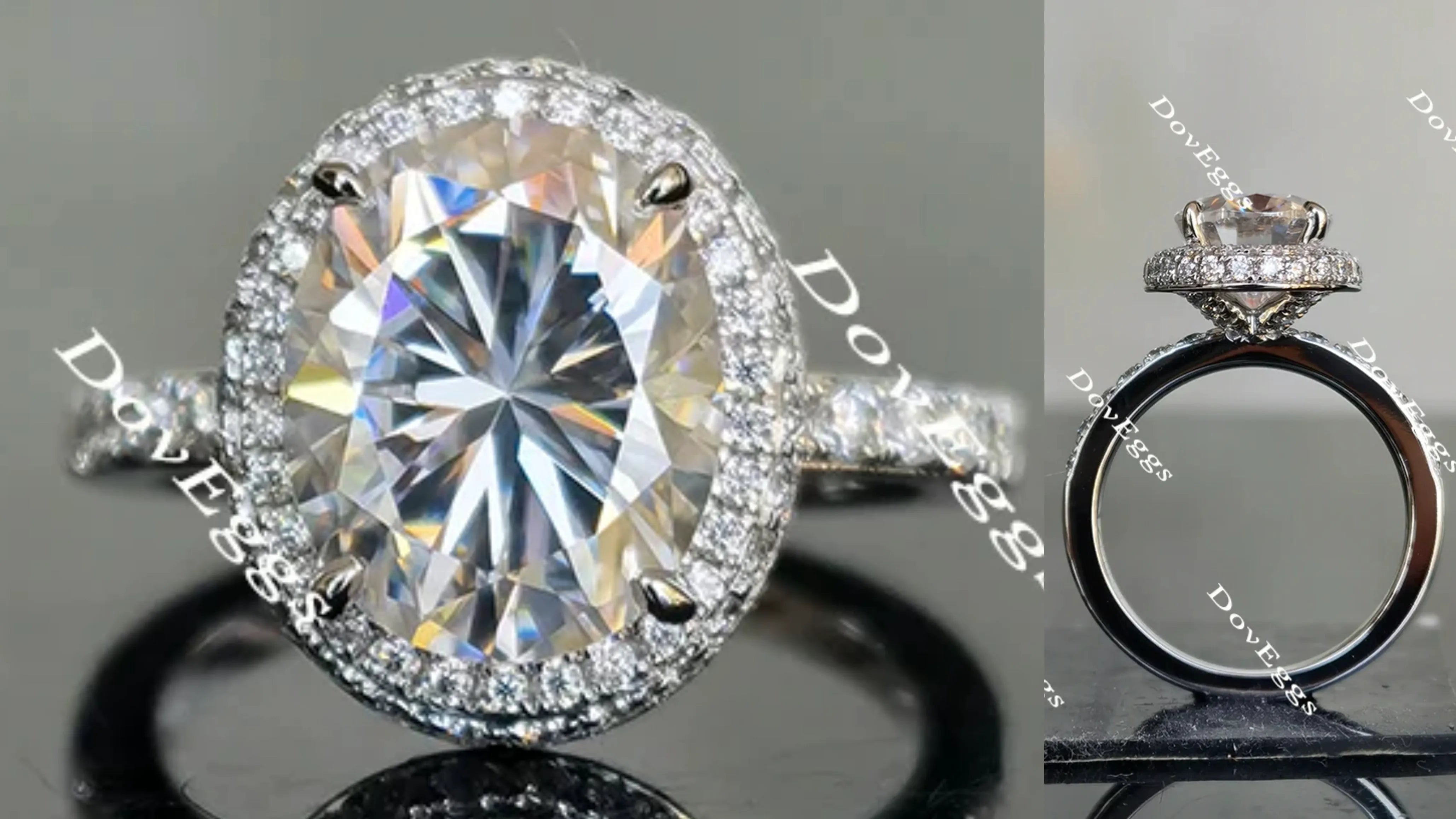 Oval halo pave moissanite engagement ring| Doveggs