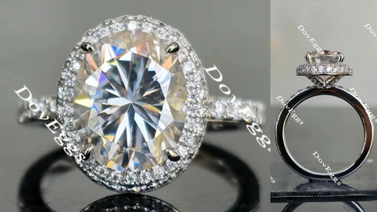 Oval halo pave moissanite engagement ring| Doveggs