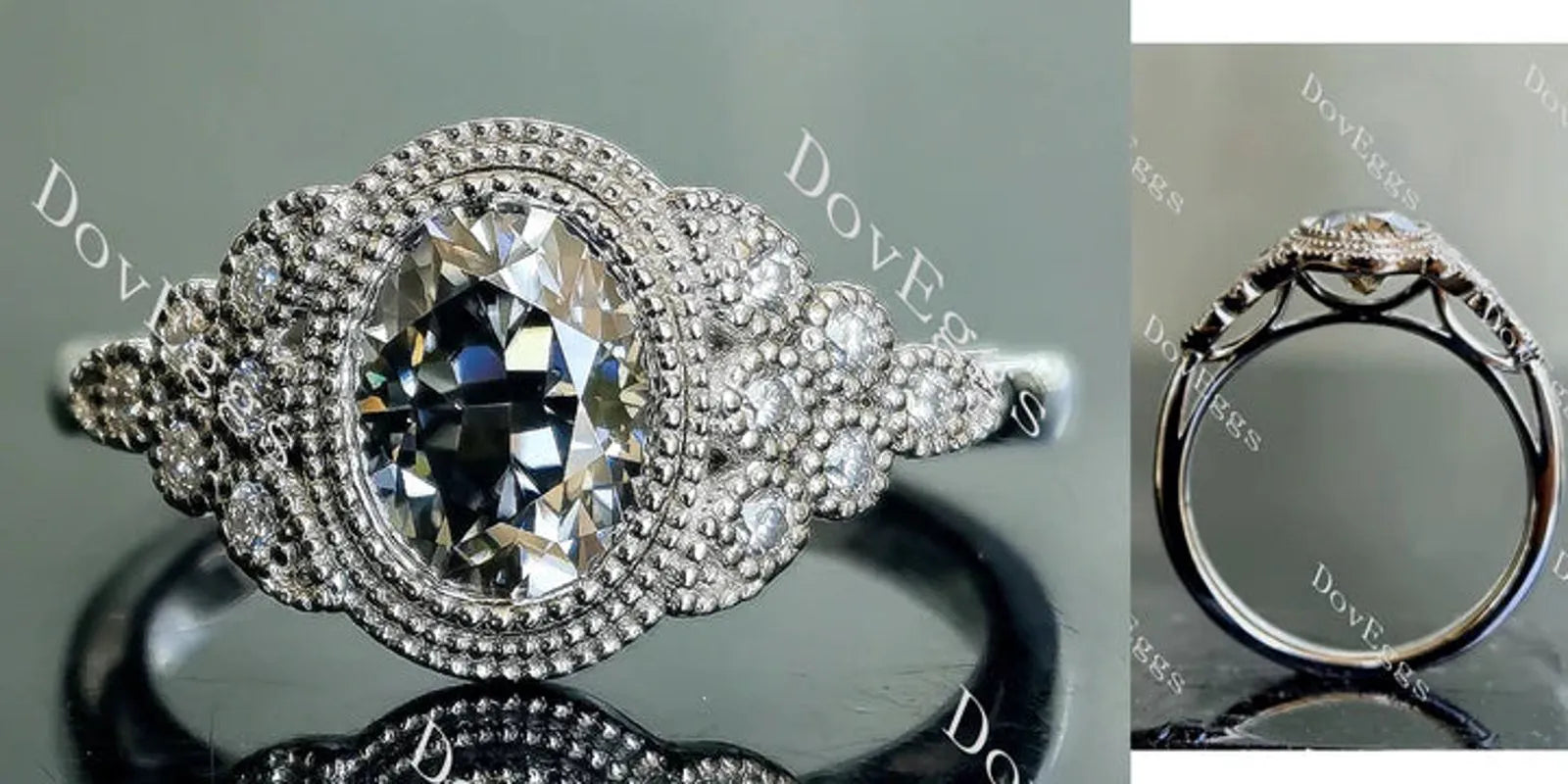 Atherine’s Joy-Oval side stones stardust grey moissanite engagement ring| DovEggs