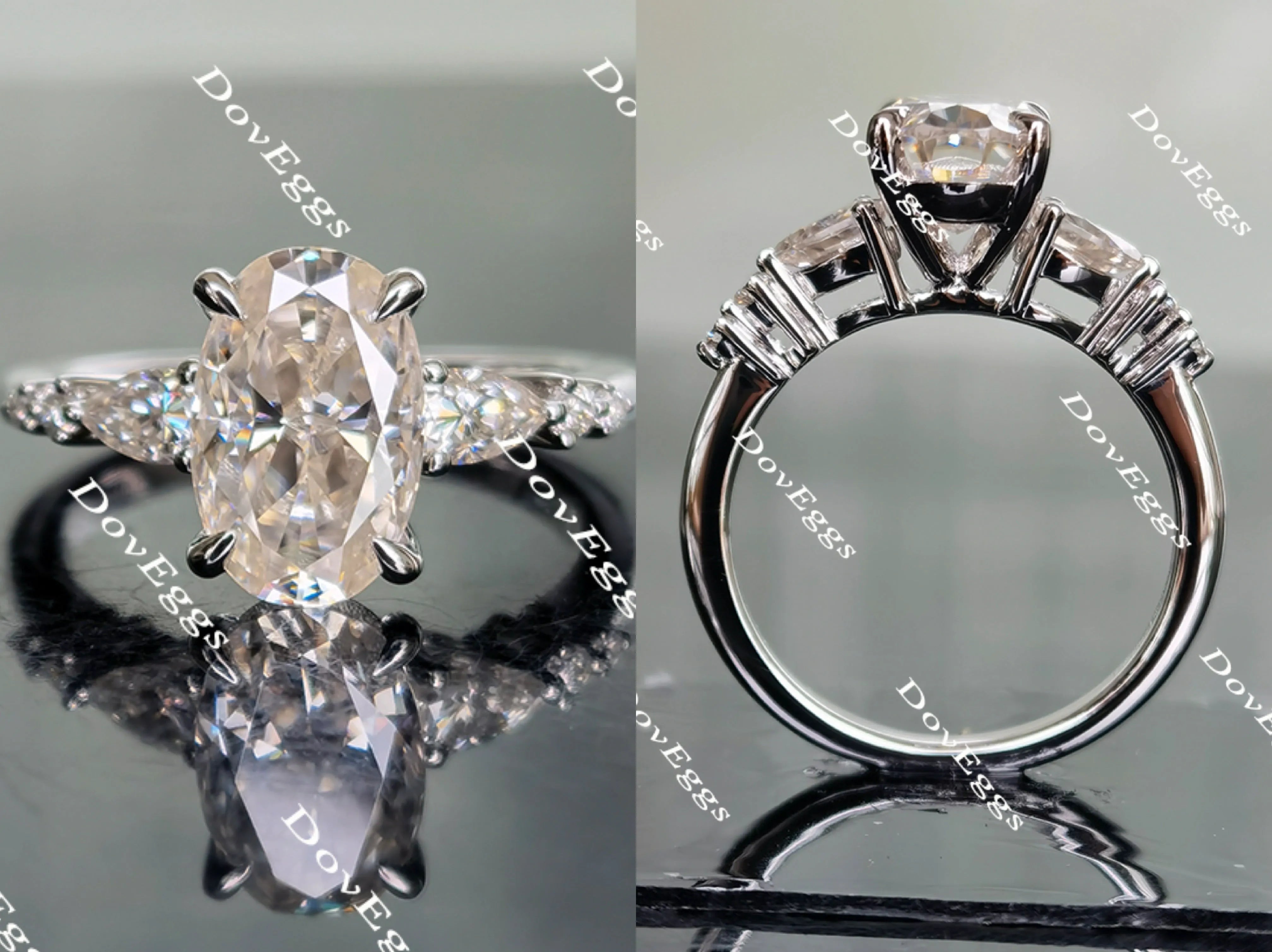 Oval side stone moissanite engagement ring| Doveggs