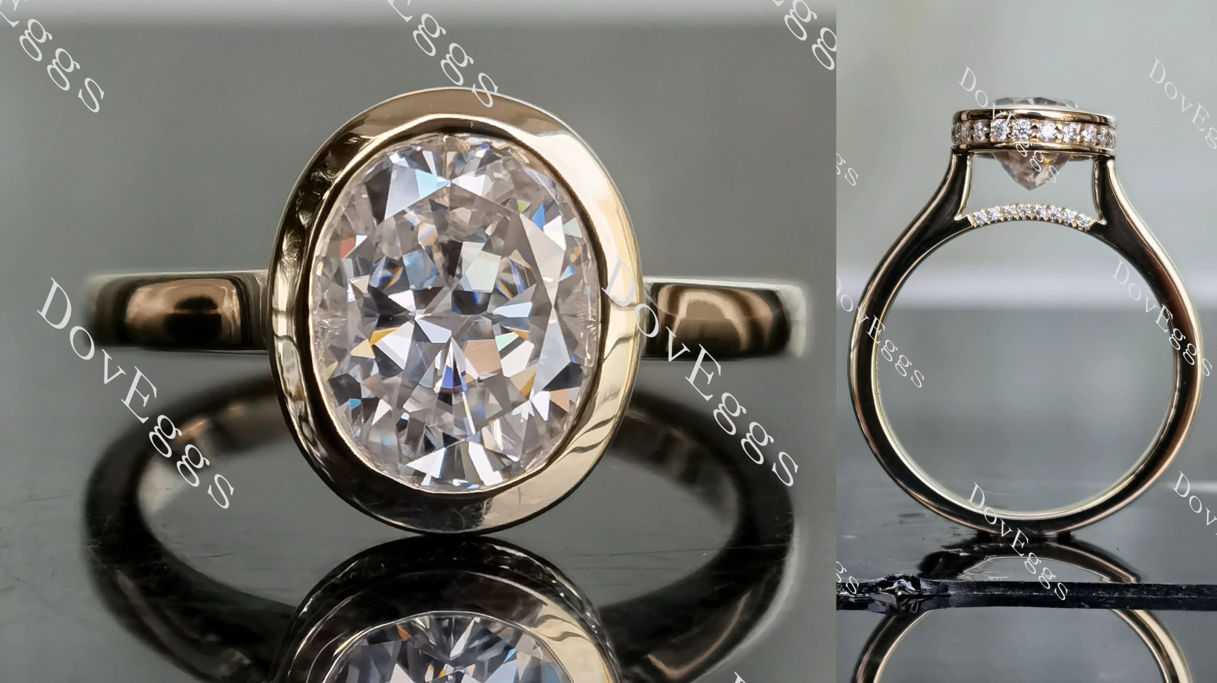 Oval bezel hidden halo moissanite engagement ring| DovEggs