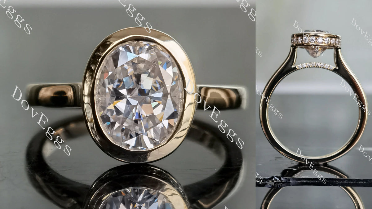 Oval bezel hidden halo moissanite engagement ring| DovEggs