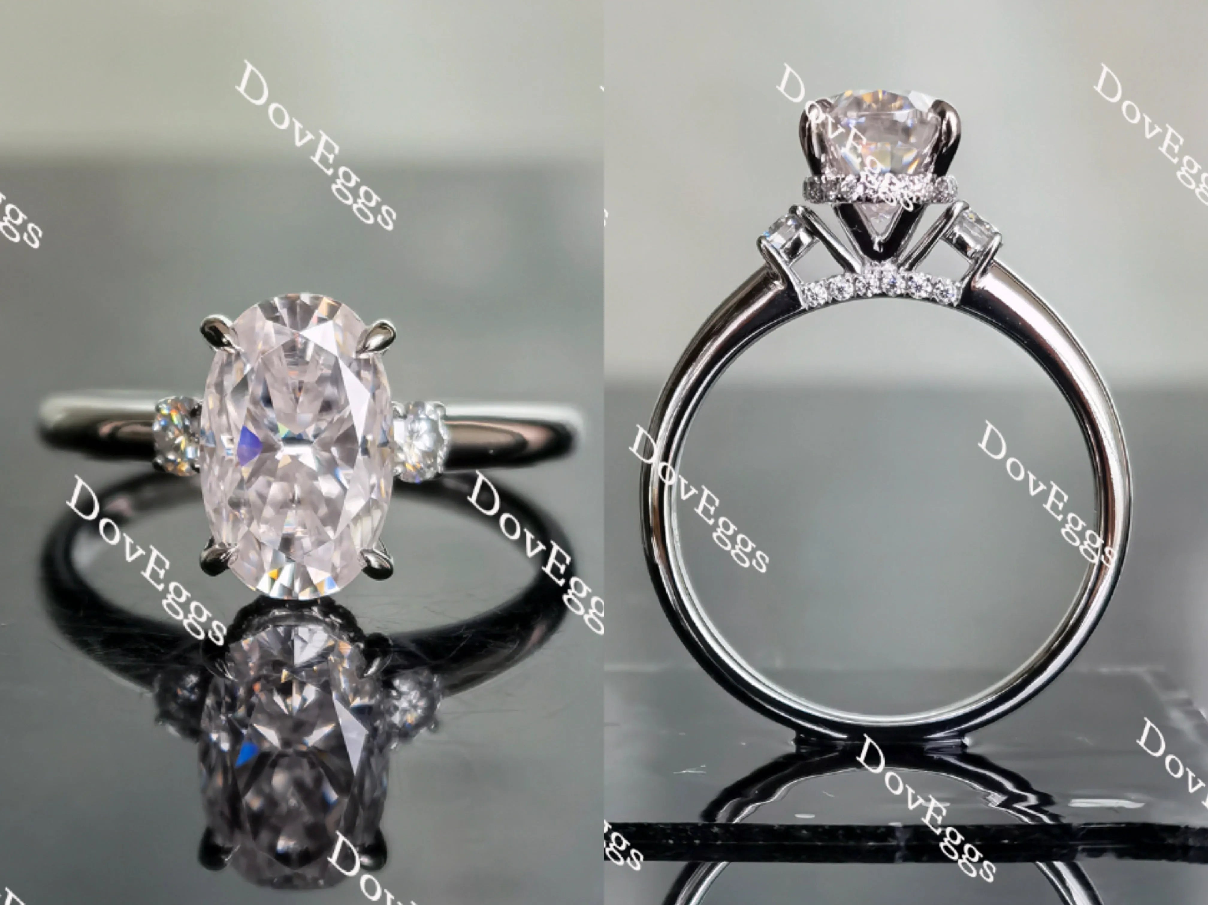 Oval three stones pave moissanite engagement ring| Doveggs