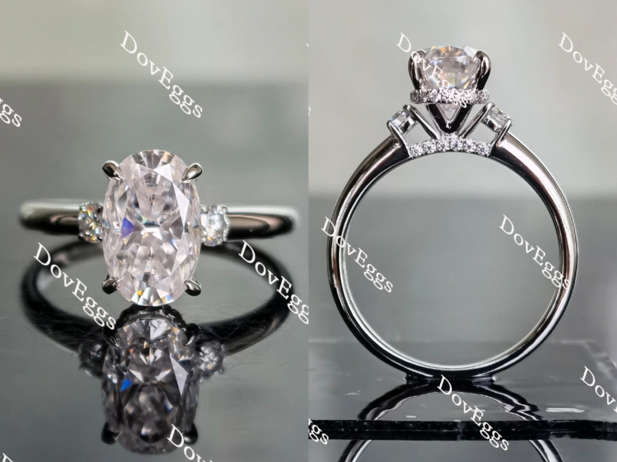 Oval three stones pave moissanite engagement ring| Doveggs