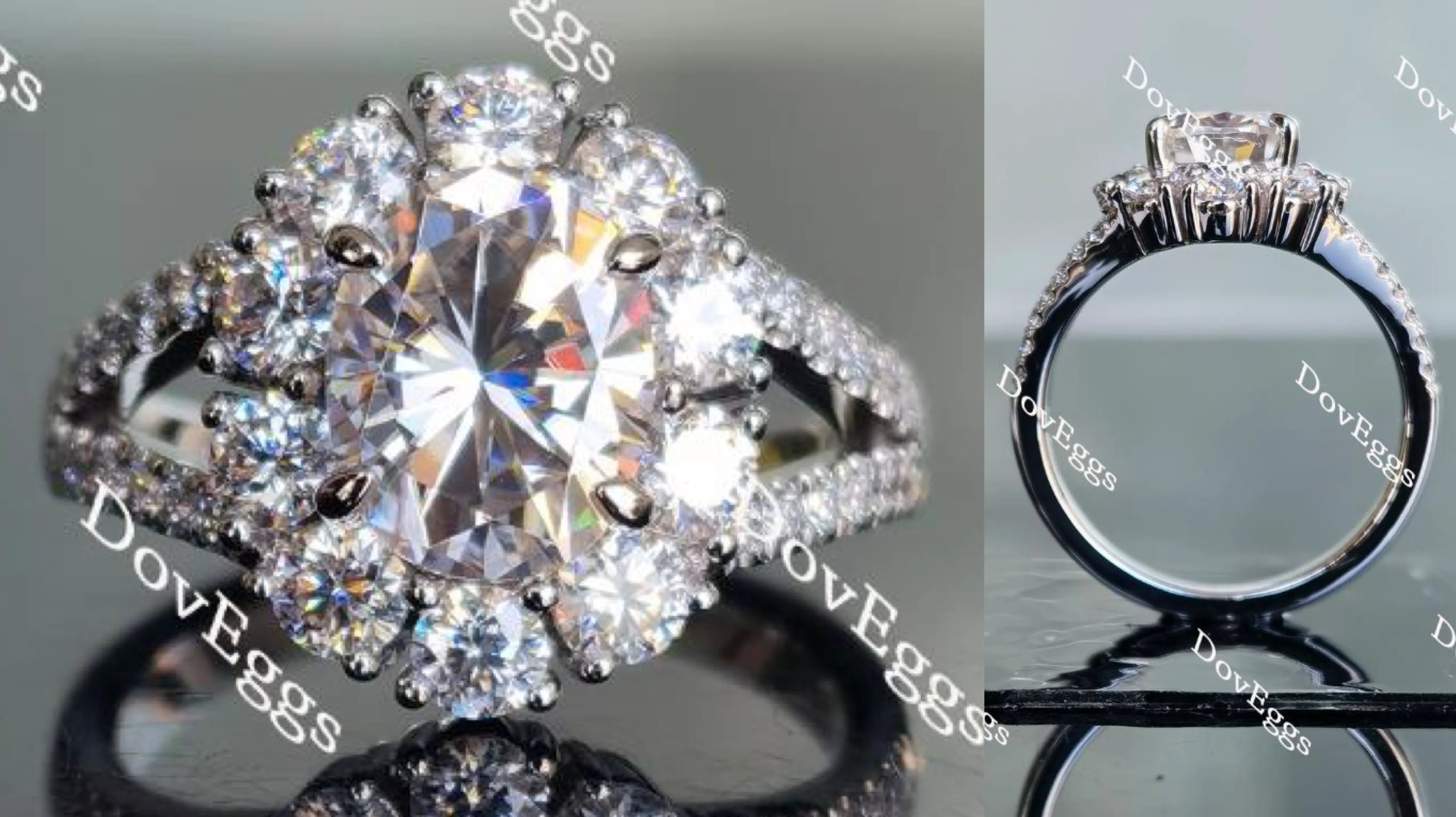 Oval split shank halo moissanite engagement ring| Doveggs