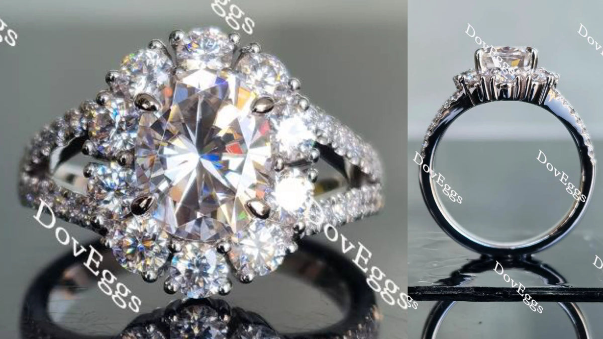 Oval split shank halo moissanite engagement ring| Doveggs