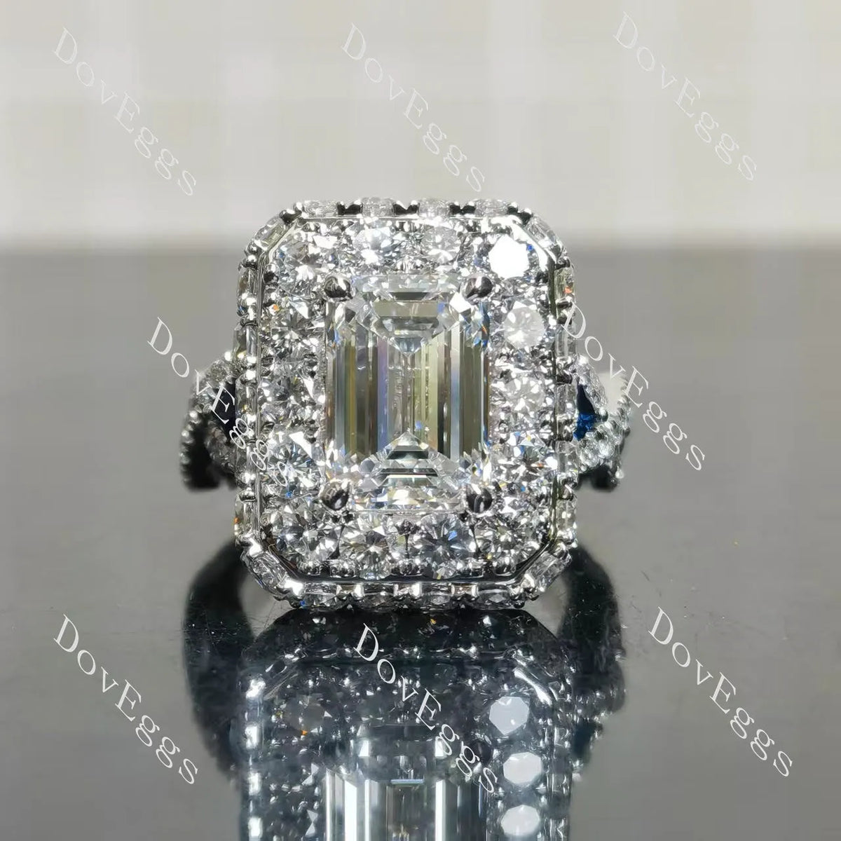 Emerald halo pave vintage moissnaite engagement ring| Doveggs