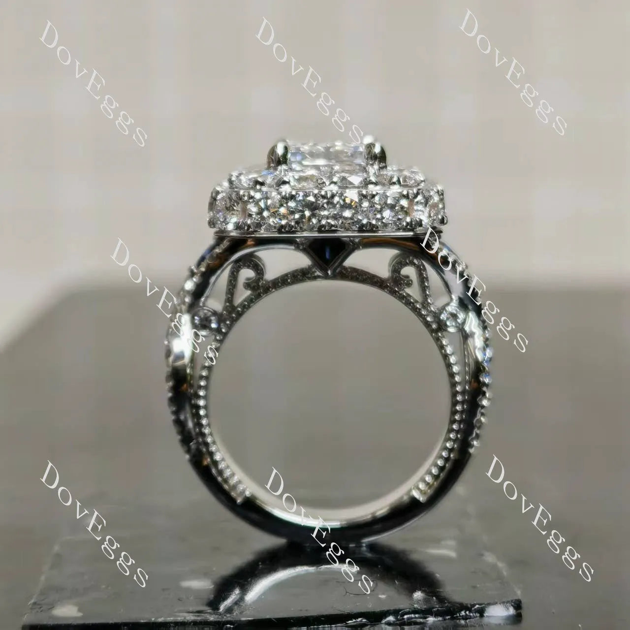 Emerald halo pave vintage moissnaite engagement ring| Doveggs
